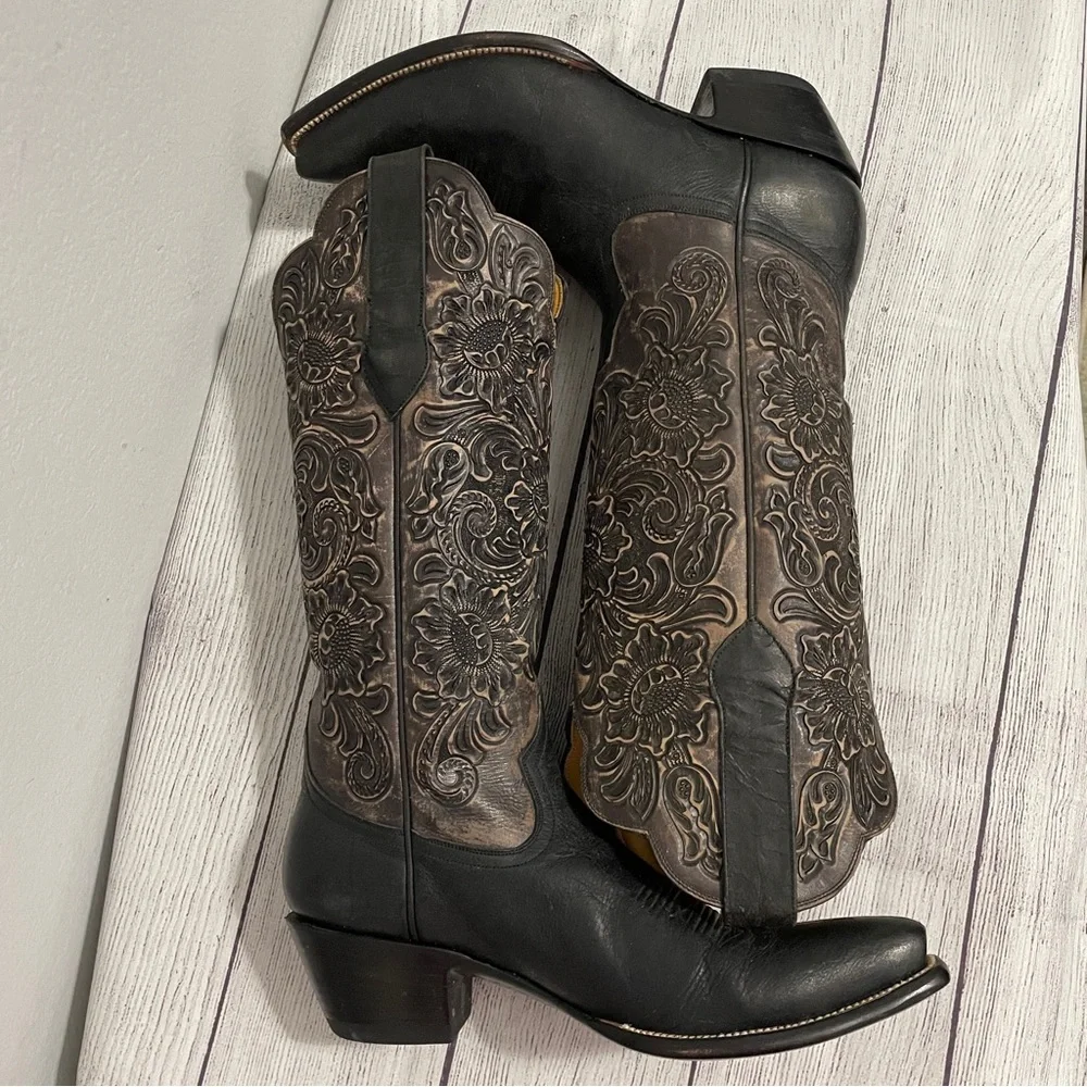 Leddy Vaquero Boots Western Tall Tooled Leather Black Dress Dancing Womens 9 B - Picture 5 of 12